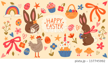 Festive colorful composition of Happy Easter holiday stickers with vibrant seasonal attributes 137745992