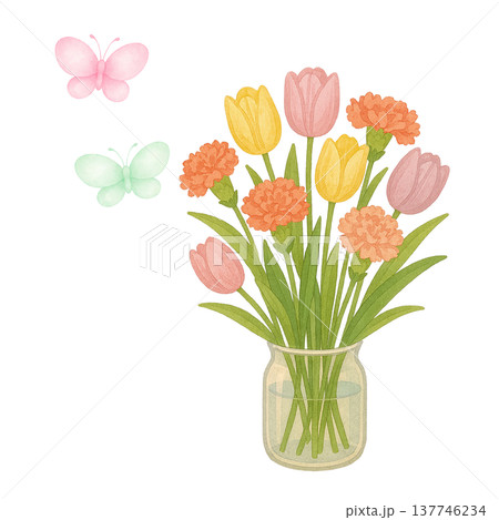 チューリップの花瓶アレンジ 春の花 水彩イラスト 137746234