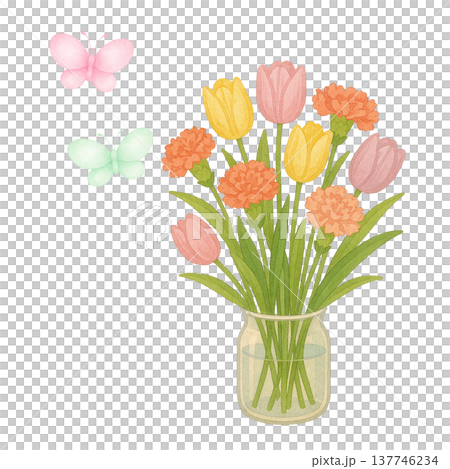 チューリップの花瓶アレンジ 春の花 水彩イラスト 137746234