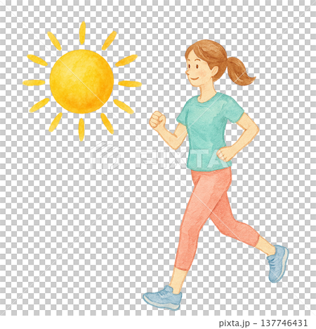 ジョギングする女性 晴れの日の運動 水彩イラスト ジョギングする女性 晴れの日の運動 水彩イラスト 137746431