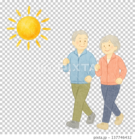 一幅水彩插畫，描繪了一對老年夫婦散步的場景，象徵著健康的生活方式。 137746432