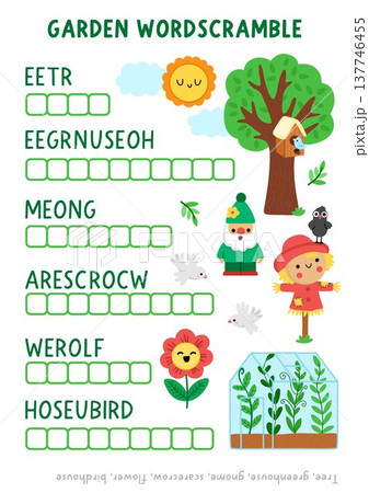 Vector garden word scramble activity page. English language game with greenhouse, tree, scarecrow, flower, gnome. Spring family quiz, printable worksheet with gardening symbols 137746455