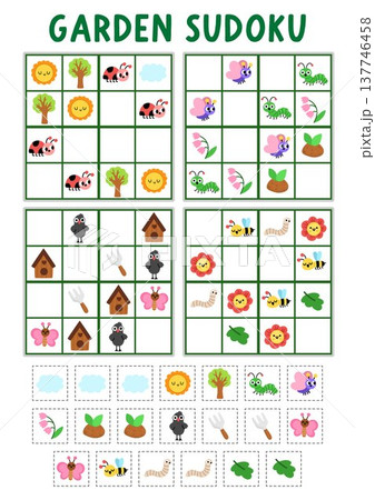 Vector garden sudoku puzzle for kids with pictures. Simple spring country house quiz with cut and glue elements. Education activity with birdhouse, tools, insects, tree, sun. Draw missing objects 137746458