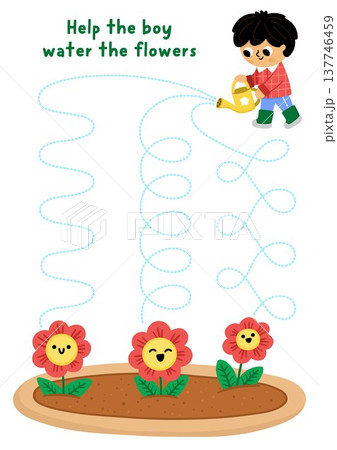Vector garden handwriting practice worksheet with boy gardener watering flowers. Preschool drawing printable activity. Spring tracing game for writing skills with kid doing gardening work 137746459
