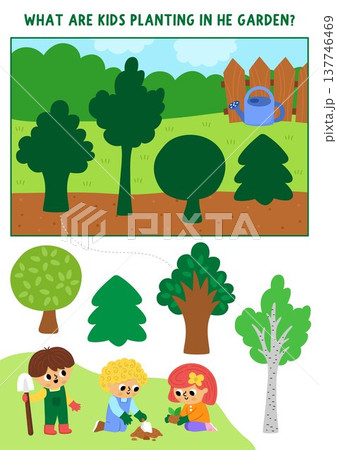 Garden shadow matching activity with kids gardeners planting trees. Spring puzzle for children. Find correct silhouette printable worksheet, game, page with boy and girl doing gardening work Garden shadow matching activity with kids gardeners planting trees. Spring puzzle for children. Find correct silhouette printable worksheet, game, page with boy and girl doing gardening work 137746469