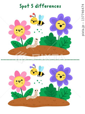 Garden find differences game for children. Spring educational activity with smiling kawaii flowers on the bed with funny bee. Cute puzzle for kids. Printable worksheet, page for logic and attention Garden find differences game for children. Spring educational activity with smiling kawaii flowers on the bed with funny bee. Cute puzzle for kids. Printable worksheet, page for logic and attention 137746474
