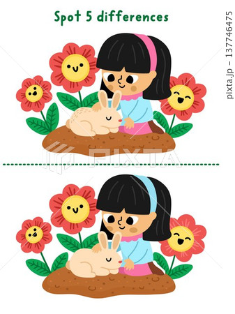 Garden find differences game for children. Spring educational activity with cute girl with bunny smiling kawaii flowers on bed. Cute puzzle for kids. Printable worksheet, page for logic and attention 137746475