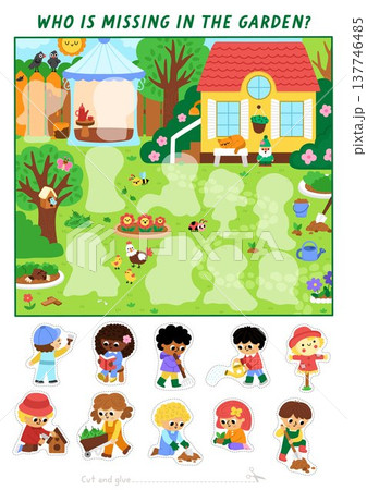 Vector garden cut and glue activity. Crafting game with cute spring landscape, flower beds, missing kids gardeners. Country house printable worksheet. Find right piece of the puzzle. Complete picture 137746485