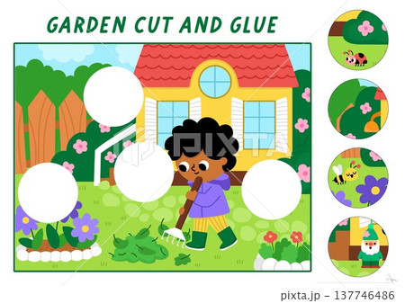Vector cut and glue activity with garden landscape. Spring game with house, boy with rakes cleaning yard of leaves. Fill up scene with round sticker. Find right piece of puzzle. Complete picture 137746486