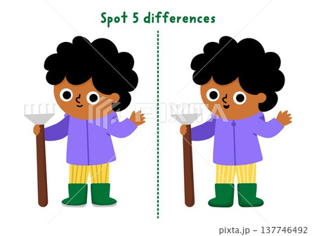 Garden find differences game for children. Spring educational activity with boy gardener standing with rake. Cute puzzle for kids. Printable worksheet, page for logic and attention Garden find differences game for children. Spring educational activity with boy gardener standing with rake. Cute puzzle for kids. Printable worksheet, page for logic and attention 137746492