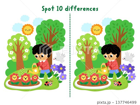 Garden find differences game for children. Spring educational activity with boy gardener watering flowers. Puzzle for kids. Printable worksheet, page for logic, attention with nature scene 137746499