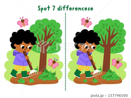 Garden find differences game for children. Spring educational activity with boy gardener raking leaves with rake. Puzzle for kids. Printable worksheet, page for logic, attention with nature scene Garden find differences game for children. Spring educational activity with boy gardener raking leaves with rake. Puzzle for kids. Printable worksheet, page for logic, attention with nature scene 137746500