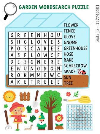 Vector garden word search puzzle for kids. Wordsearch quiz shaped as greenhouse with scarecrow, tree, flower, hose, gnome, rake, spade for children. Spring educational cross word activity Vector garden word search puzzle for kids. Wordsearch quiz shaped as greenhouse with scarecrow, tree, flower, hose, gnome, rake, spade for children. Spring educational cross word activity 137746501