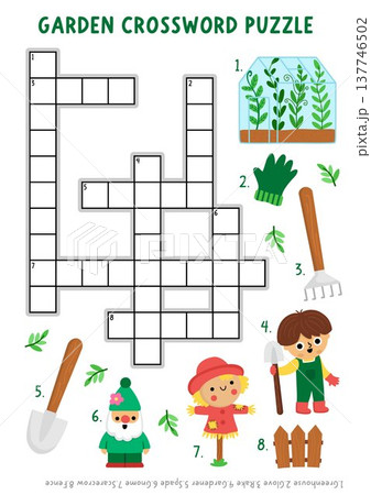 Vector garden crossword puzzle for kids. Quiz with greenhouse, boy gardener, scarecrow, gnome, rake, spade for children. Cute spring educational cross word activity with traditional symbols Vector garden crossword puzzle for kids. Quiz with greenhouse, boy gardener, scarecrow, gnome, rake, spade for children. Cute spring educational cross word activity with traditional symbols 137746502