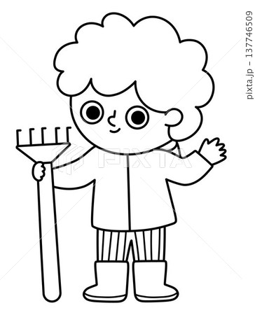 Vector black and white boy standing with rakes and waving hand. Cute line kid gardener clipart. Funny child doing gardening works, raking leaves. Spring or summer country icon, coloring page Vector black and white boy standing with rakes and waving hand. Cute line kid gardener clipart. Funny child doing gardening works, raking leaves. Spring or summer country icon, coloring page 137746509
