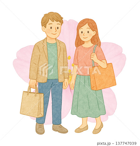 ショッピングする男女 春の買い物 水彩イラスト 137747039