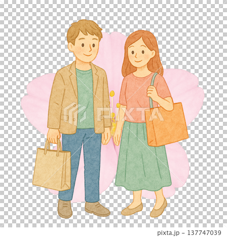 ショッピングする男女 春の買い物 水彩イラスト 137747039