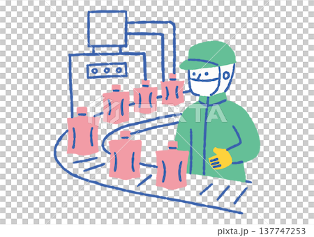 パウチ製造ラインで品質確認を行う作業員_色 137747253