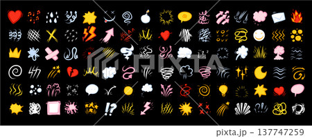 Color comic effect manga elements set on black background. High contrast neon doodle symbols with flashes, clouds, 137747259
