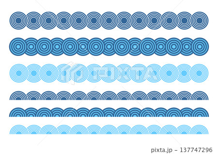 Borders with repeated blue overlapped circles and semicircles. Dividers or separators with sea or ocean scallops, dragon or fish scale texture. Abstract oriental ornaments. Vector flat illustration Borders with repeated blue overlapped circles and semicircles. Dividers or separators with sea or ocean scallops, dragon or fish scale texture. Abstract oriental ornaments. Vector flat illustration 137747296