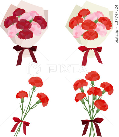 母の日の赤いカーネーションの花束イラストセット 137747324
