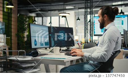 General manager employs AI neural network for work task optimization, increasing productivity with data sharing and machine learning. Artificial intelligence for business goals. General manager employs AI neural network for work task optimization, increasing productivity with data sharing and machine learning. Artificial intelligence for business goals. 137747450