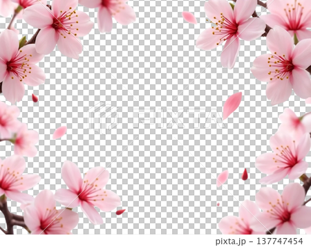 以盛開的櫻花和飄動的花瓣為特色的春日花卉背景。 137747454