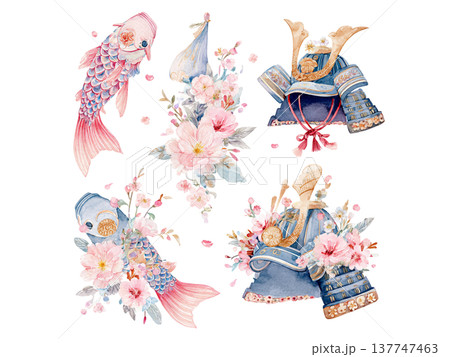 桜と鯉のぼりと兜をあしらった端午の節句の華やかな和風イラストセット 桜と鯉のぼりと兜をあしらった端午の節句の華やかな和風イラストセット 137747463