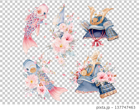 桜と鯉のぼりと兜をあしらった端午の節句の華やかな和風イラストセット 桜と鯉のぼりと兜をあしらった端午の節句の華やかな和風イラストセット 137747463