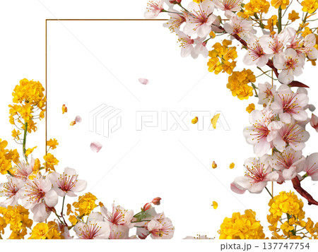 ピンクの桜と黄色い花が華やかに彩る春のリースフレーム素材 137747754