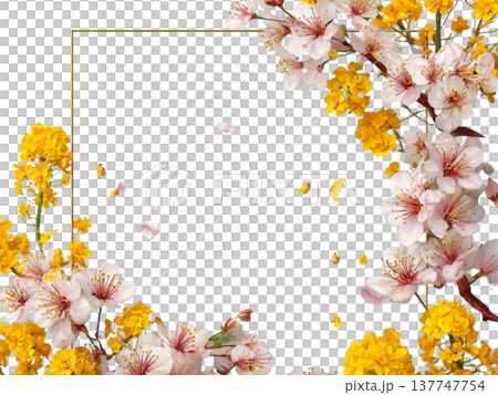 ピンクの桜と黄色い花が華やかに彩る春のリースフレーム素材 137747754