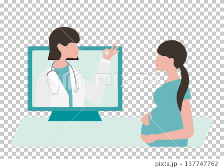向量圖描繪了一位女醫生做出「OK」手勢，一位孕婦正在進行線上諮詢。 137747762