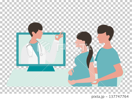 Vector illustration of a doctor making an OK sign and a couple having an online consultation. Vector illustration of a doctor making an OK sign and a couple having an online consultation. 137747764