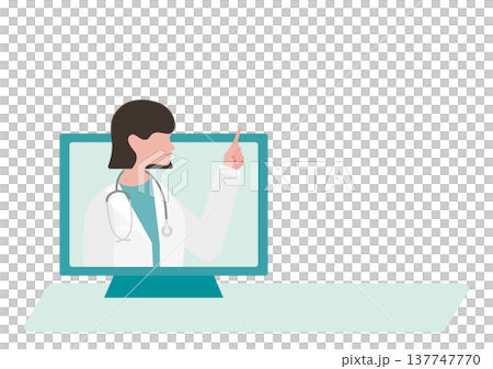 Vector illustration of a female doctor pointing during an online consultation. 137747770