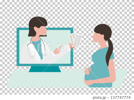向量圖描繪了一位女醫生和一位孕婦正在進行線上諮詢並服用藥物的場景。 向量圖描繪了一位女醫生和一位孕婦正在進行線上諮詢並服用藥物的場景。 137747774