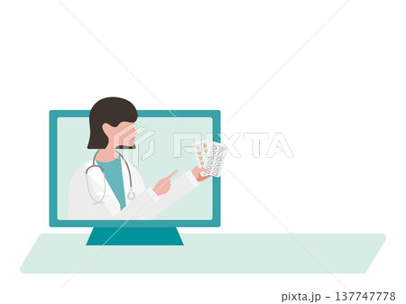 女医のオンライン診療と薬のベクターイラスト素材	 137747778
