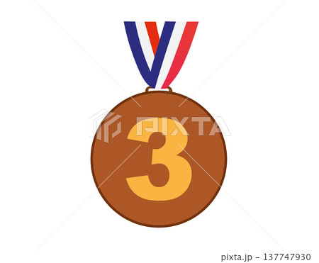Bronze medal with number three and ribbon flat icon, representing third place achievement 137747930