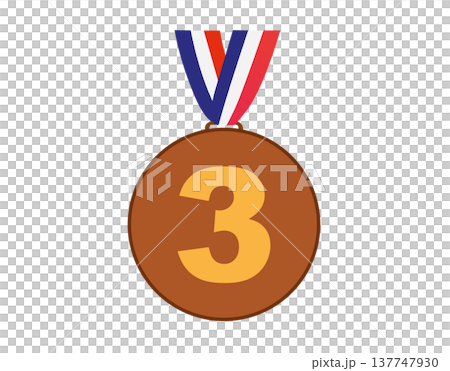 Bronze medal with number three and ribbon flat icon, representing third place achievement 137747930