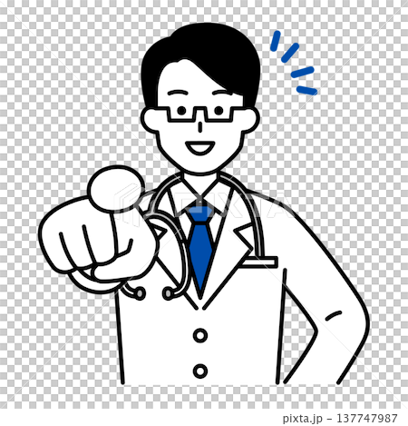 A male doctor points with a smile. 137747987