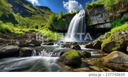 朝光に輝く岩山の滝と幻想の空気感―希望を感じる神秘のネイチャーデジタルアート 137748689