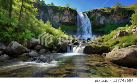 朝光に輝く岩山の滝と幻想の空気感―希望を感じる神秘のネイチャーデジタルアート 朝光に輝く岩山の滝と幻想の空気感―希望を感じる神秘のネイチャーデジタルアート 137748694