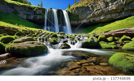 朝光に輝く岩山の滝と幻想の空気感―希望を感じる神秘のネイチャーデジタルアート 137748696