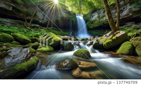 朝光に輝く岩山の滝と幻想の空気感―希望を感じる神秘のネイチャーデジタルアート 朝光に輝く岩山の滝と幻想の空気感―希望を感じる神秘のネイチャーデジタルアート 137748709
