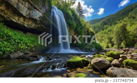 朝光に輝く岩山の滝と幻想の空気感―希望を感じる神秘のネイチャーデジタルアート 137748754