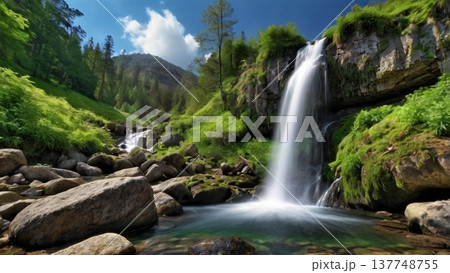 朝光に輝く岩山の滝と幻想の空気感―希望を感じる神秘のネイチャーデジタルアート 朝光に輝く岩山の滝と幻想の空気感―希望を感じる神秘のネイチャーデジタルアート 137748755