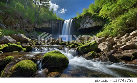 朝光に輝く岩山の滝と幻想の空気感―希望を感じる神秘のネイチャーデジタルアート 朝光に輝く岩山の滝と幻想の空気感―希望を感じる神秘のネイチャーデジタルアート 137748759