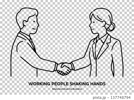 握手するビジネスパーソンの白黒手書き線画イラスト。契約,協力,信頼関係 137748794