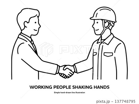 握手するビジネスマンと作業員の白黒線画イラスト。ホワイト・ブルーカラー 137748795