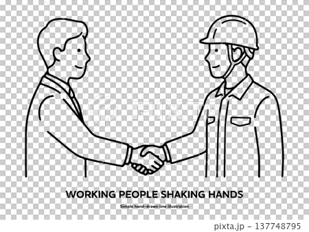 一幅黑白線條畫，描繪了一位商人與一位工人握手的場景。 （白色和藍色） 137748795