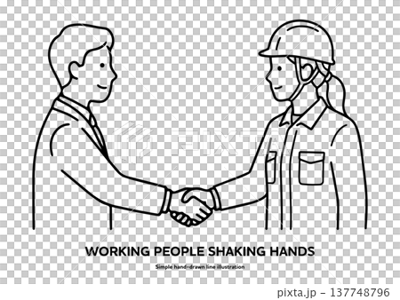 這是一幅黑白線條畫，描繪了一位商人與女員工握手的場景。它像徵著不同職業人士之間的合作。 137748796
